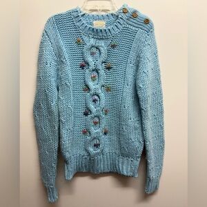 Vintage 60s 70s Hand Knit Blue Floral Sweater Sz SM Cottage Grandma Coquette